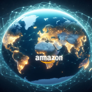 world map highlighting global reach with Amazon's logo